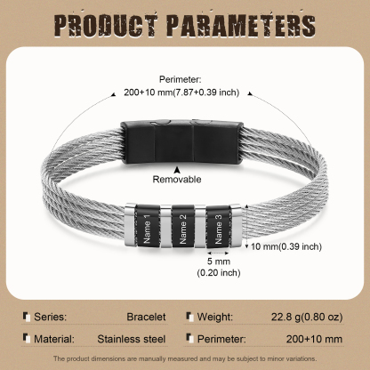Personalised Stainless Steel Cable Bracelet with 3 Names - Custom Gift for Him | Jessemade