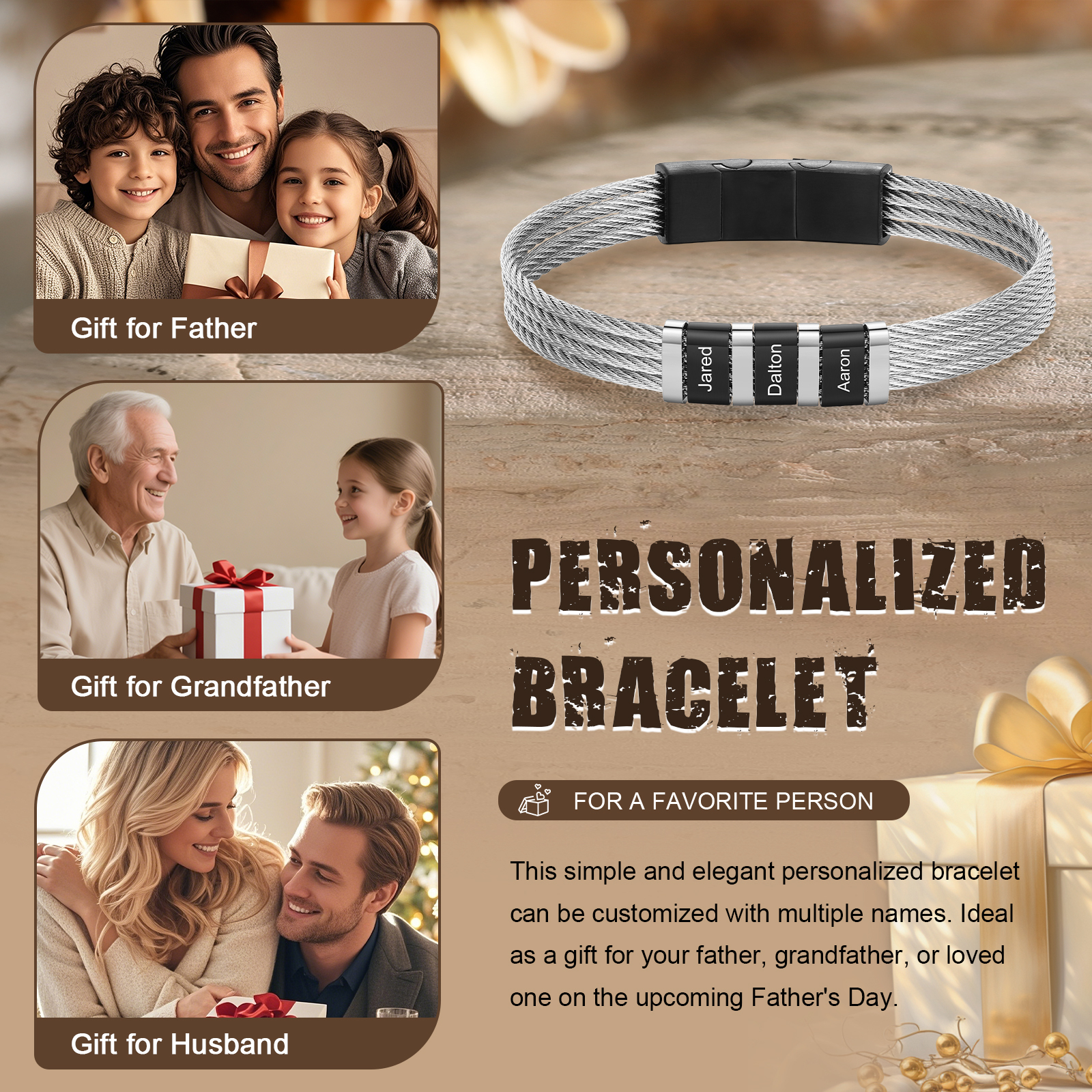 Personalised Stainless Steel Cable Bracelet with 3 Names - Custom Gift for Him | Jessemade