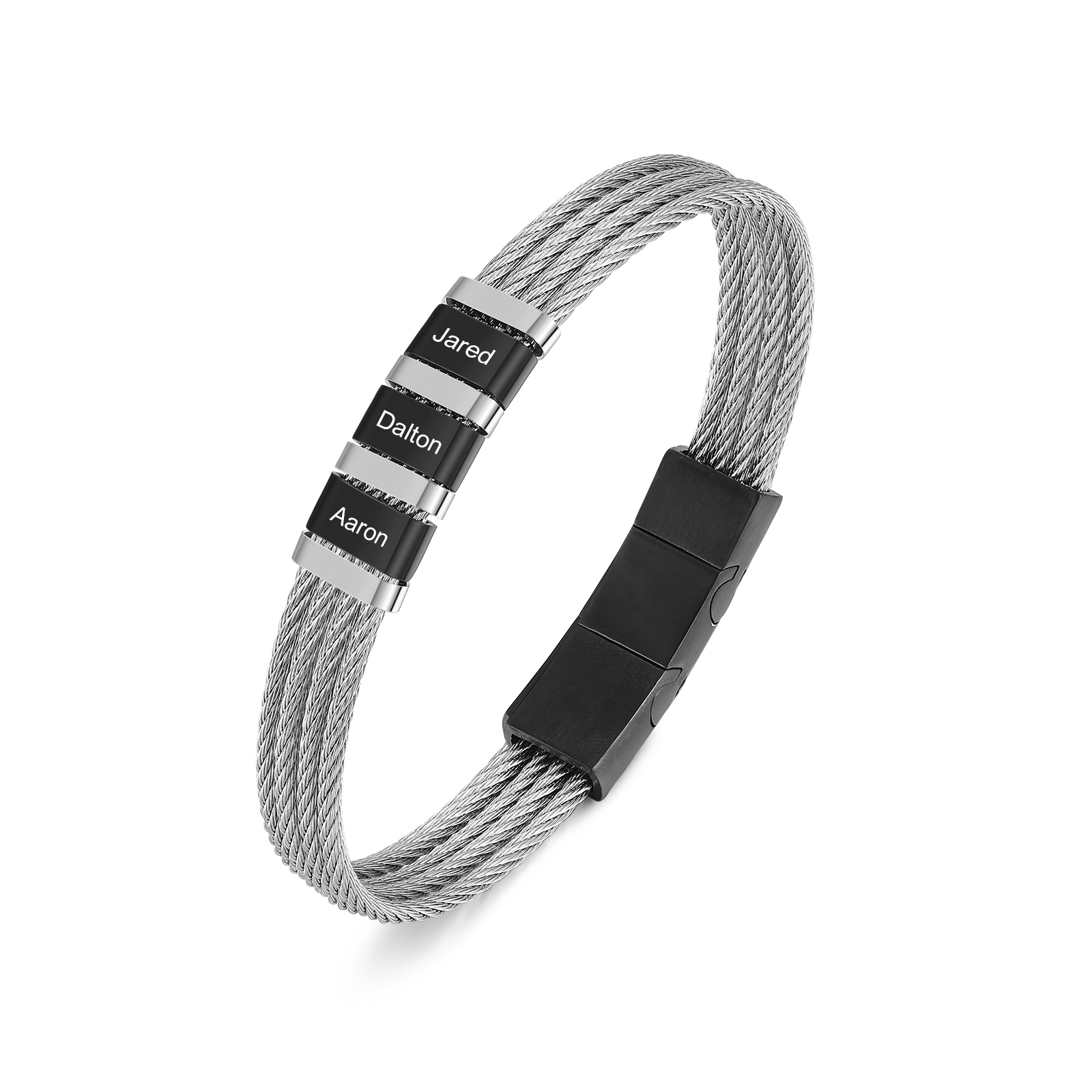 Personalised Stainless Steel Adjustable Cable Bracelet with 3 Names - Custom Gift for Him | Jessemade