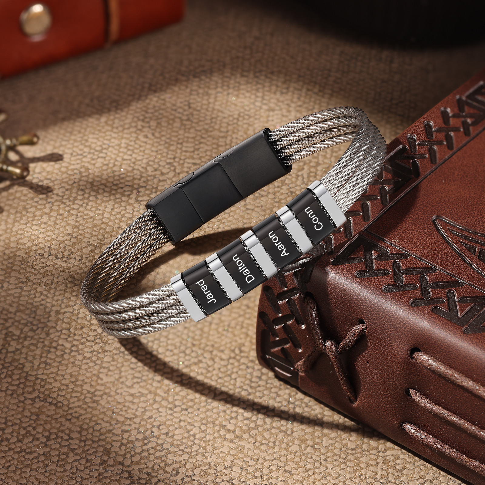 Personalised Stainless Steel Cable Bracelet with 4 Names - Custom Gift for Him | Jessemade