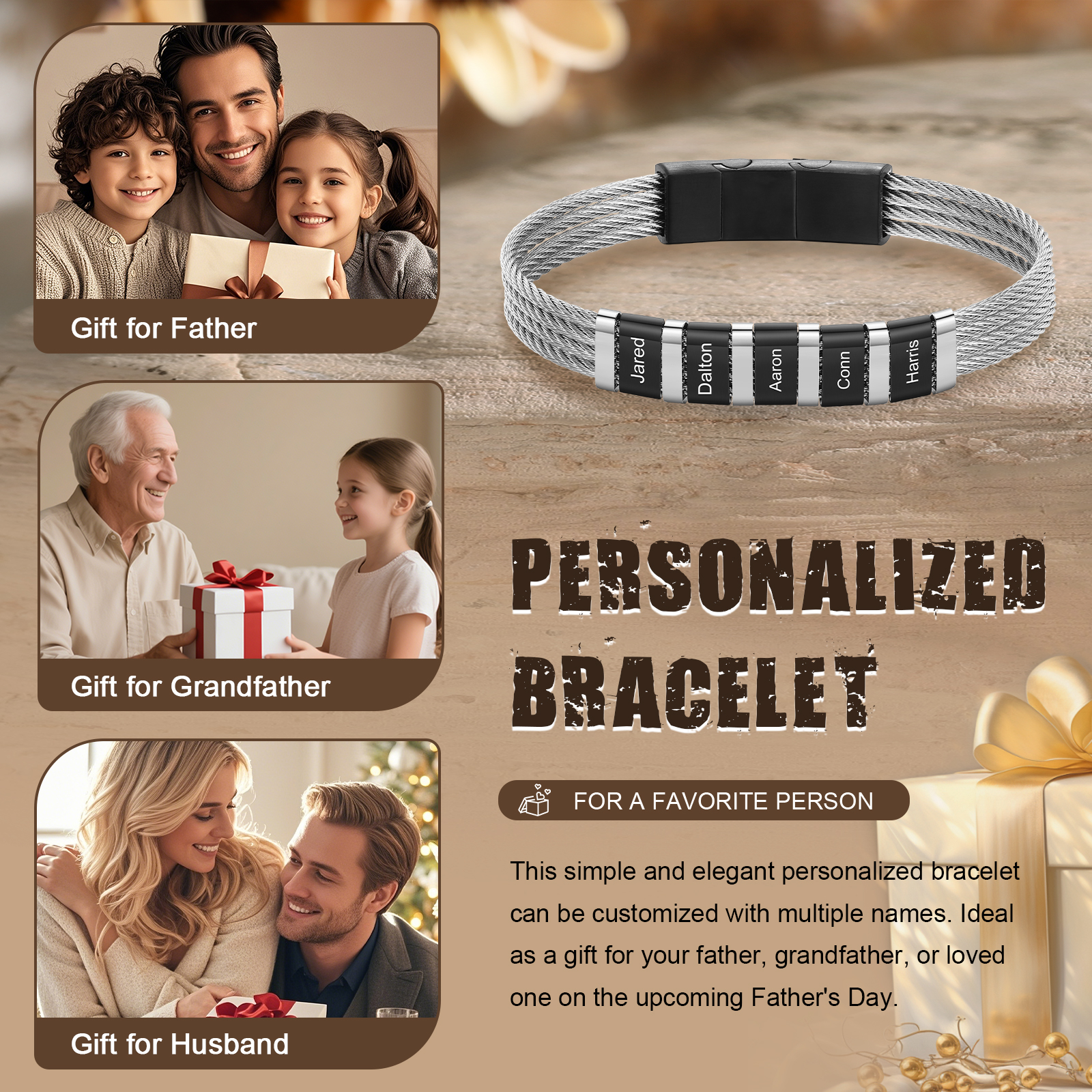 Personalised Stainless Steel Cable Bracelet with 5 Names - Custom Gift for Him | Jessemade