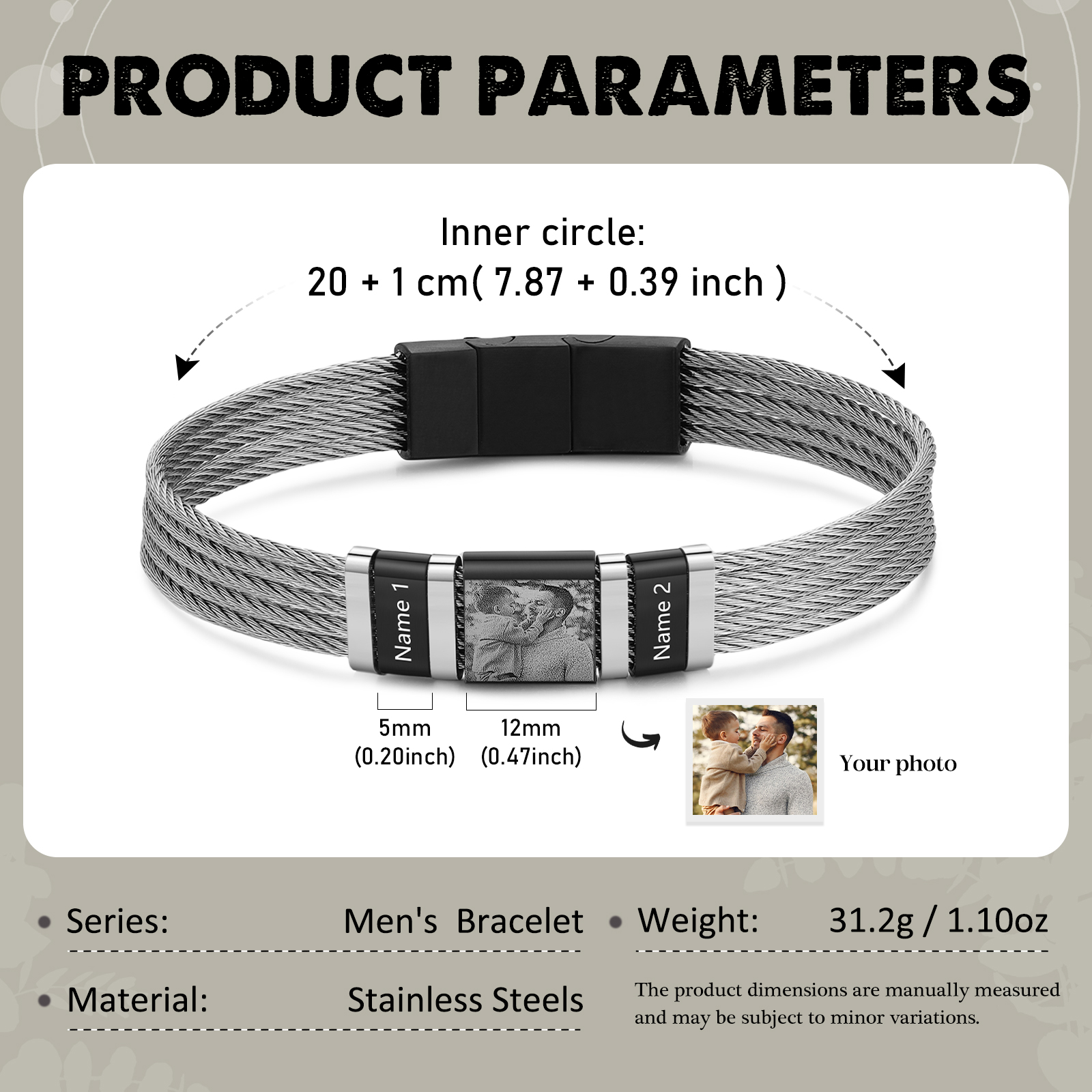 Personalised Men Bracelet with 2 Names & 1 Photo - Custom Gift for Him | Jessemade