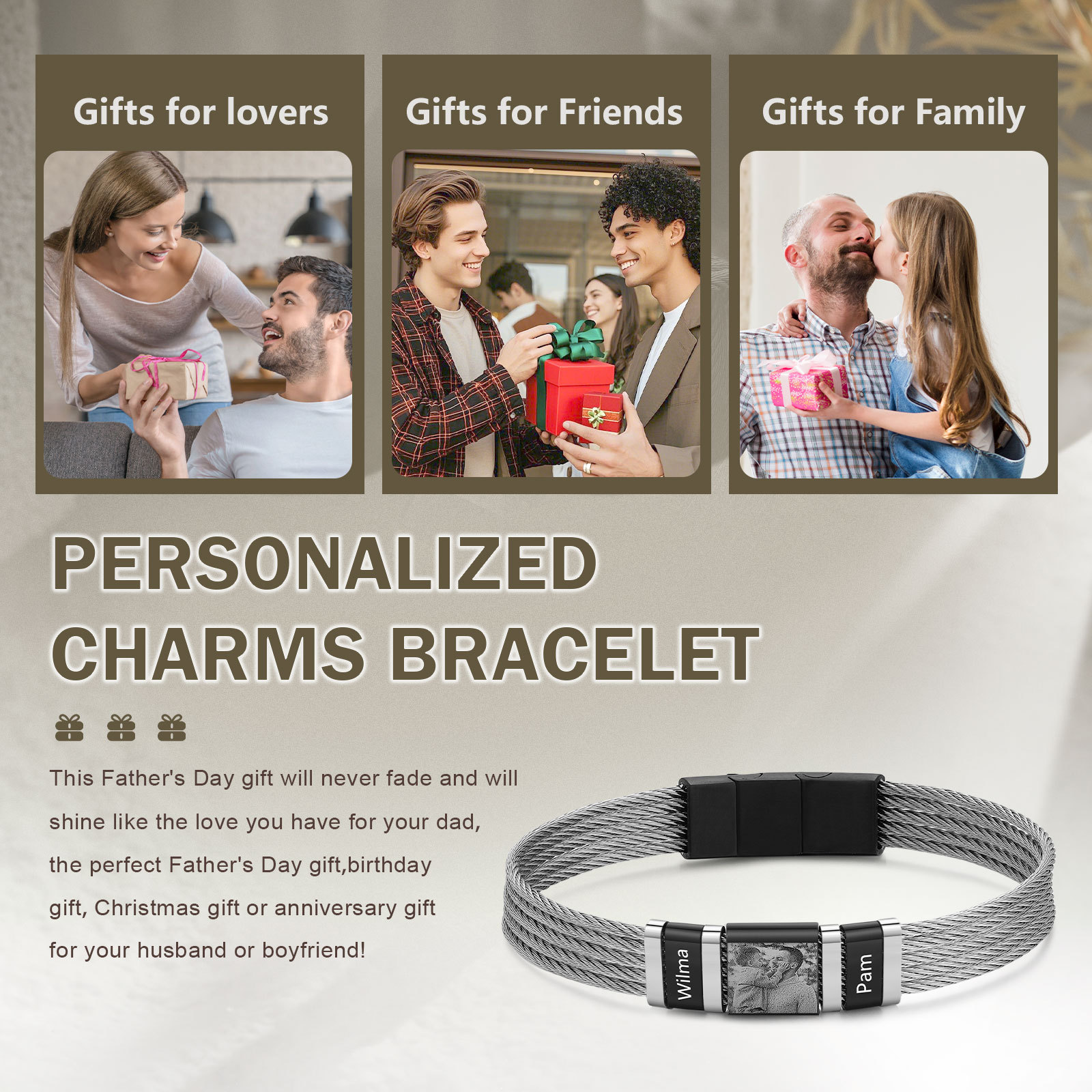 Personalised Men Bracelet with 2 Names & 1 Photo - Custom Gift for Him | Jessemade