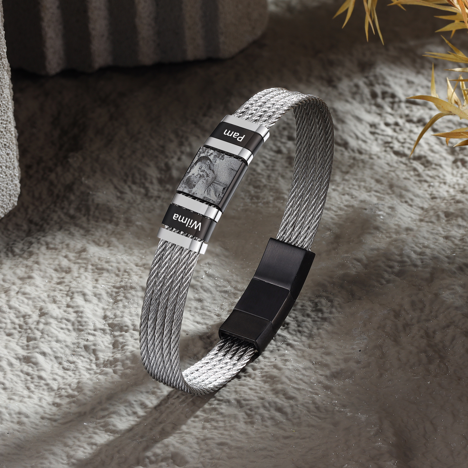 Personalised Men Bracelet with 2 Names & 1 Photo - Custom Gift for Him | Jessemade
