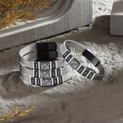 Personalised Men Bracelet with 5 Names & 1 Photo - Custom Gift for Him | Jessemade