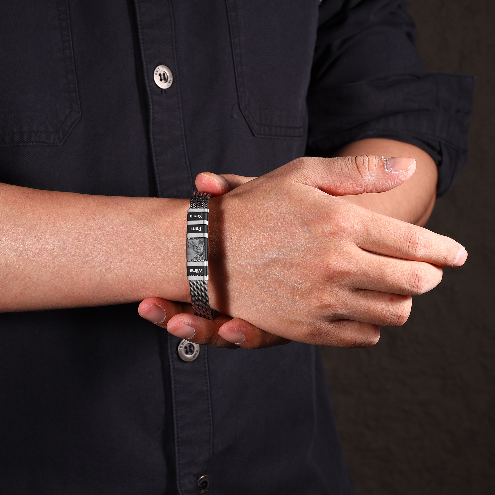 Personalised Men Bracelet with 5 Names & 1 Photo - Custom Gift for Him | Jessemade