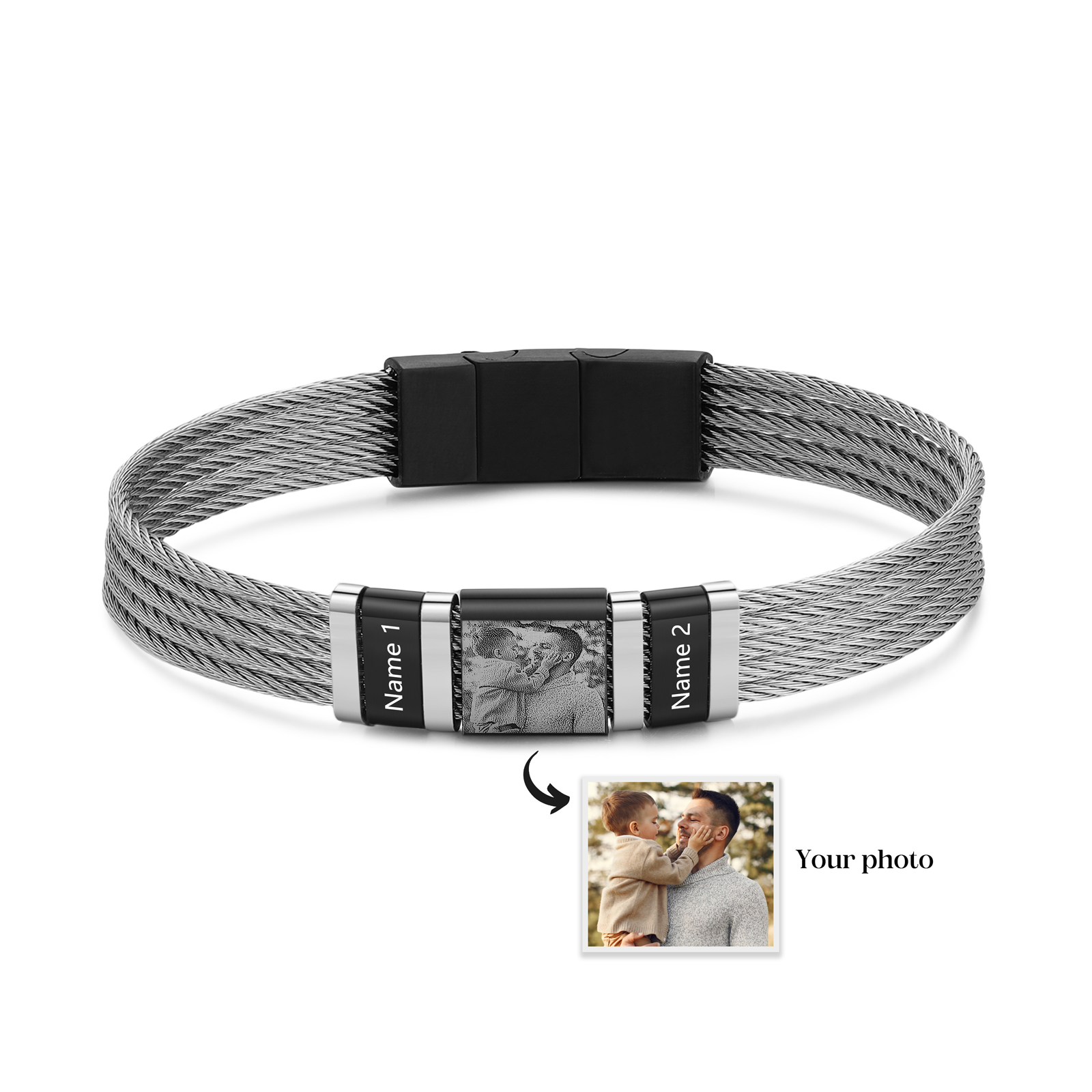Personalised Men Bracelet with 2 Names & 1 Photo - Custom Gift for Him | Jessemade