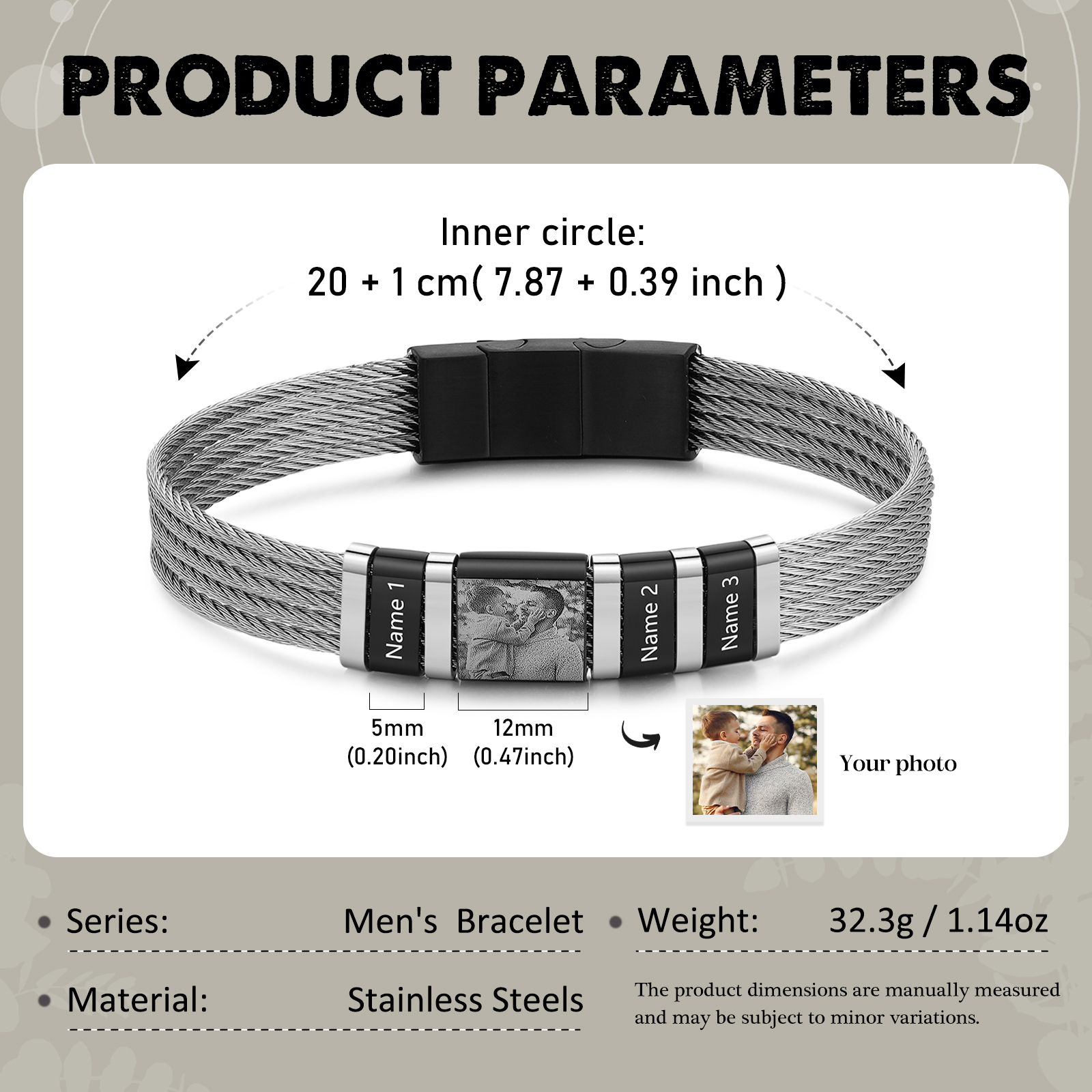 Personalised Men Bracelet with 3 Names & 1 Photo - Custom Gift for Him | Jessemade