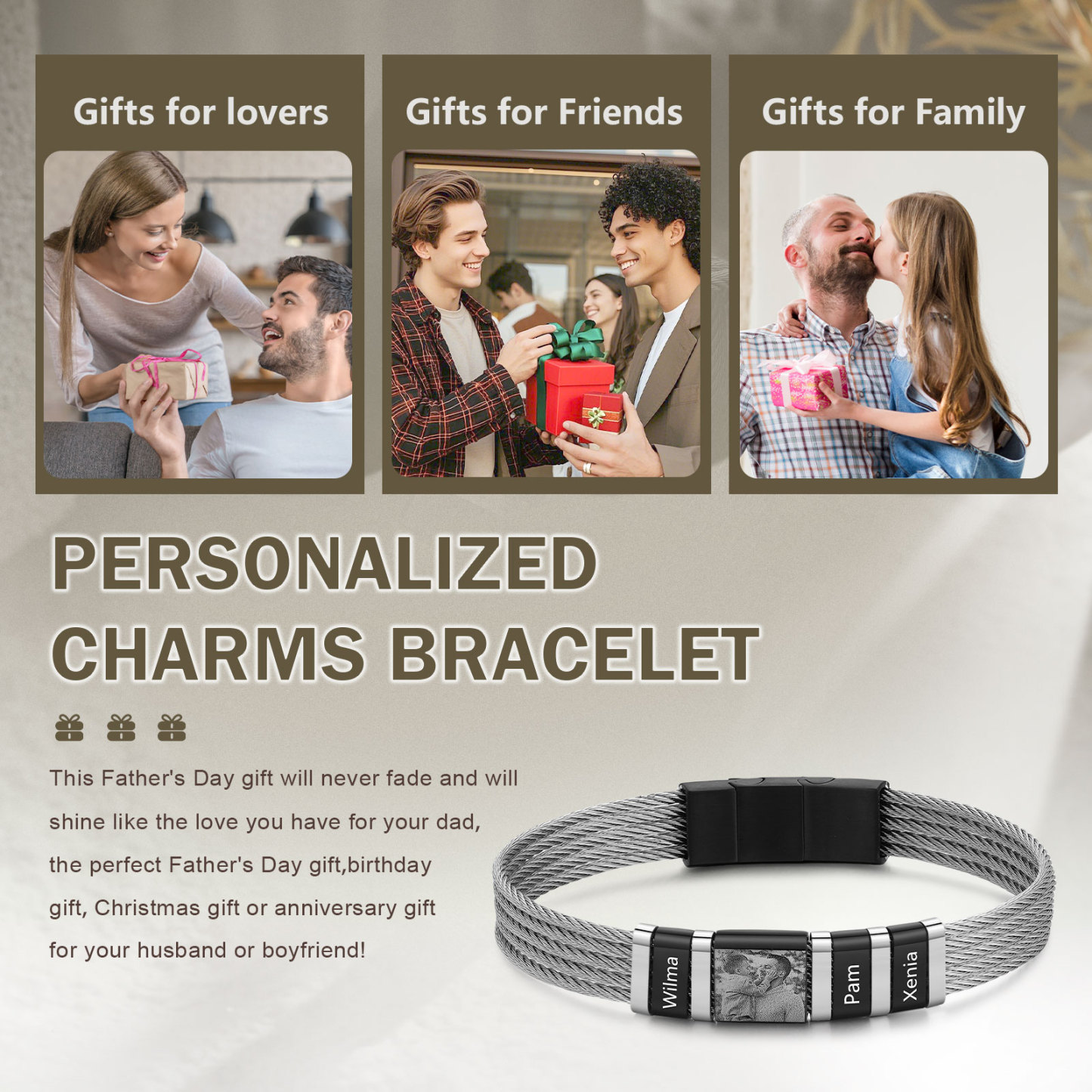 Personalised Men Bracelet with 3 Names & 1 Photo - Custom Gift for Him | Jessemade