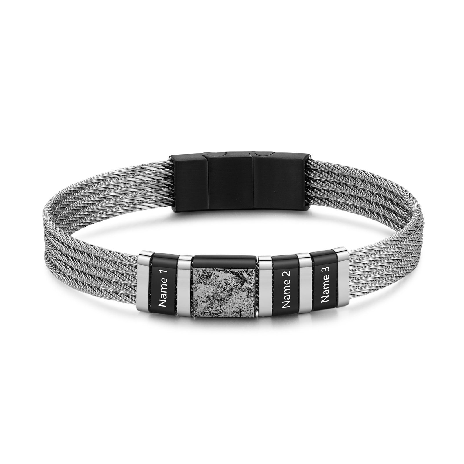 Personalised Men Bracelet with 3 Names & 1 Photo - Custom Gift for Him | Jessemade