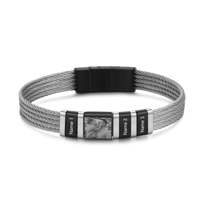 Personalised Men Bracelet with 3 Names & 1 Photo - Custom Gift for Him | Jessemade