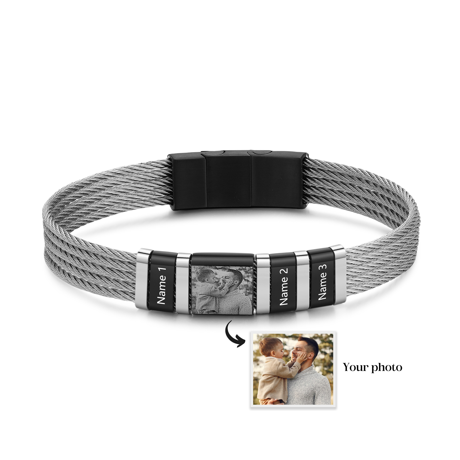 Personalised Men Bracelet with 3 Names & 1 Photo - Custom Gift for Him | Jessemade
