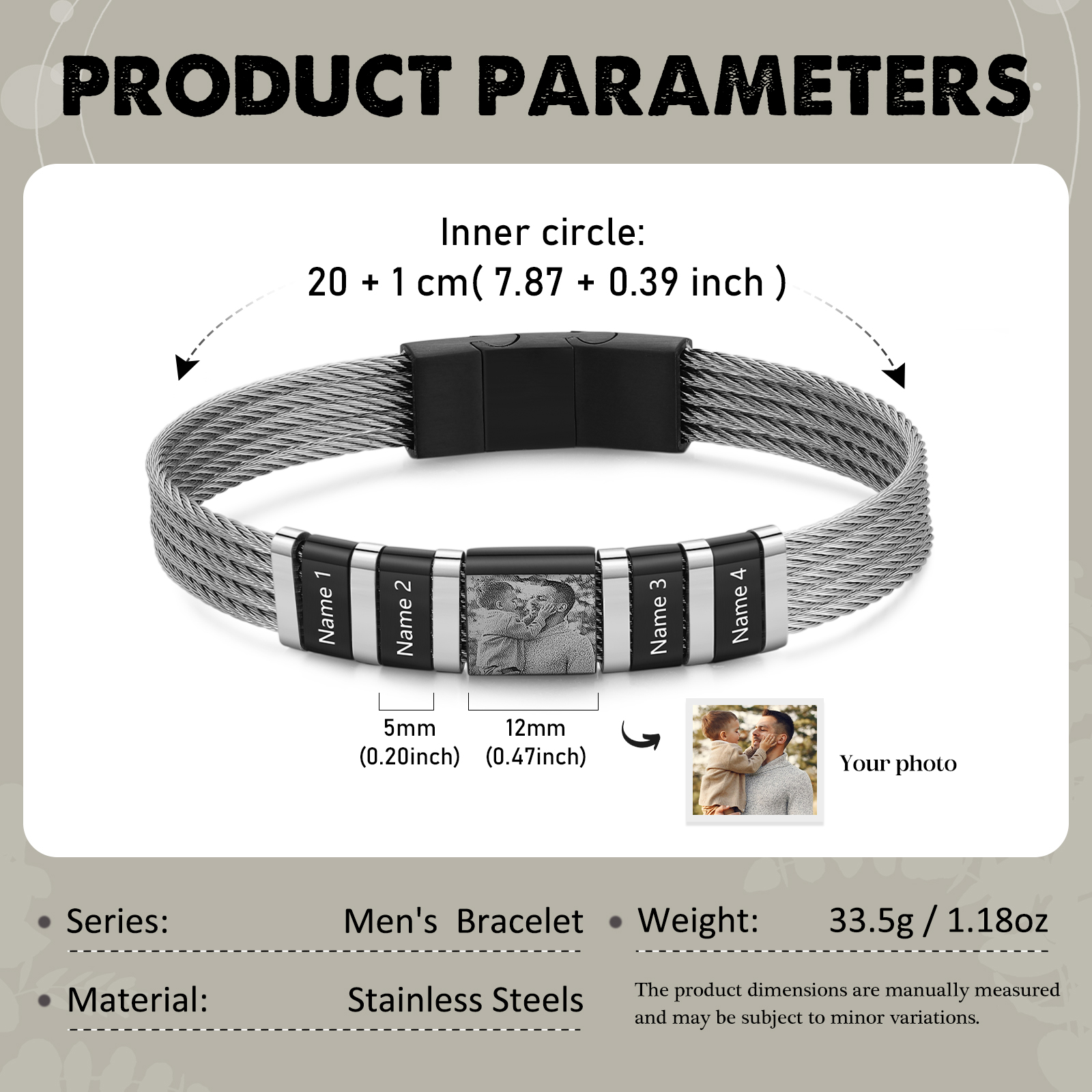 Personalised Men Bracelet with 4 Names & 1 Photo - Custom Gift for Him | Jessemade