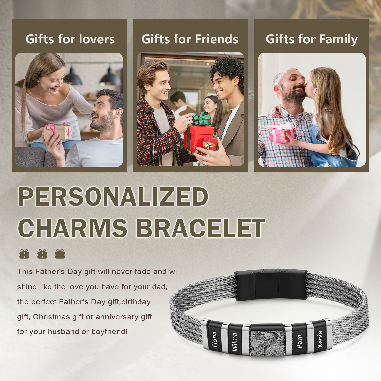 Personalised Men Bracelet with 4 Names & 1 Photo - Custom Gift for Him | Jessemade