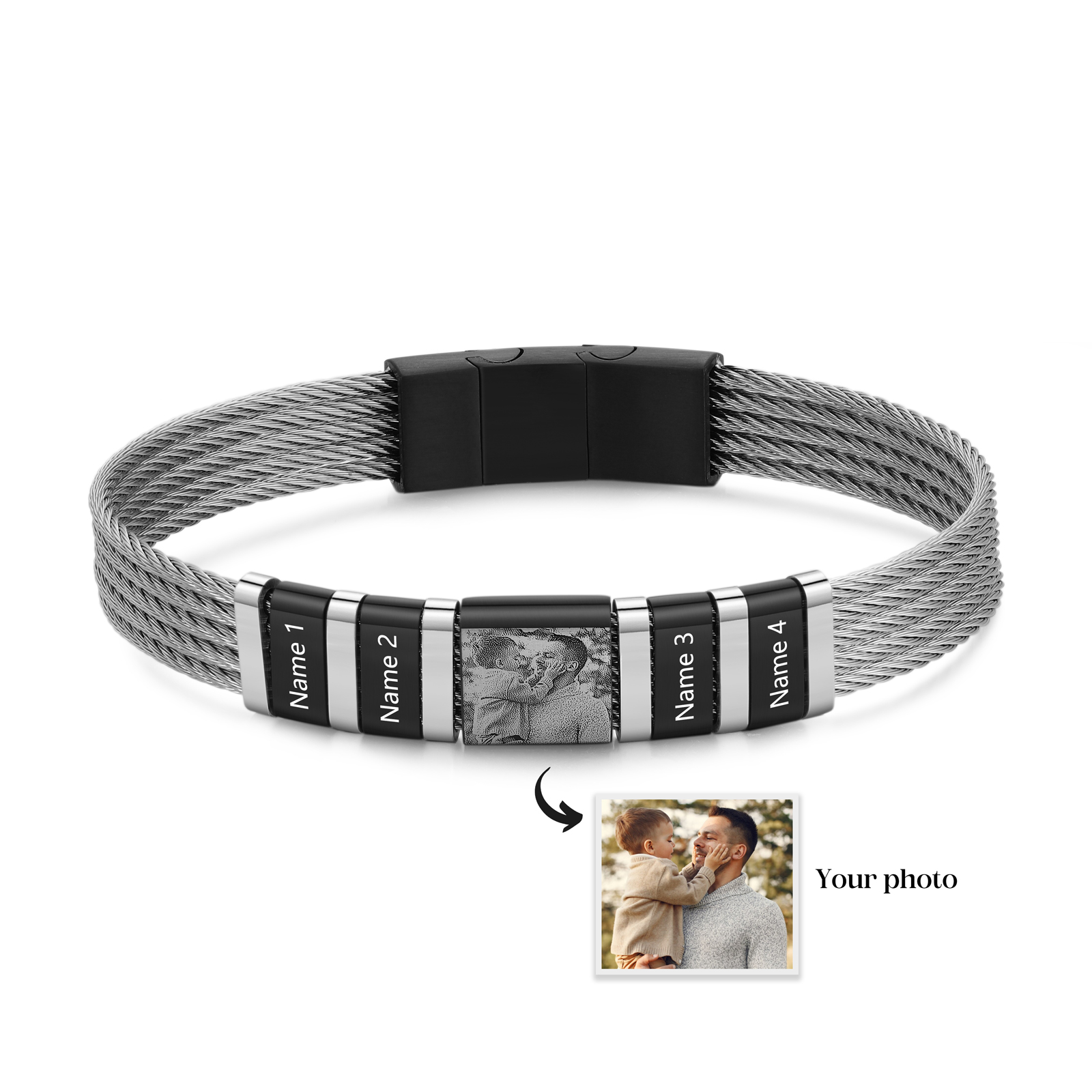 Personalised Men Bracelet with 4 Names & 1 Photo - Custom Gift for Him | Jessemade
