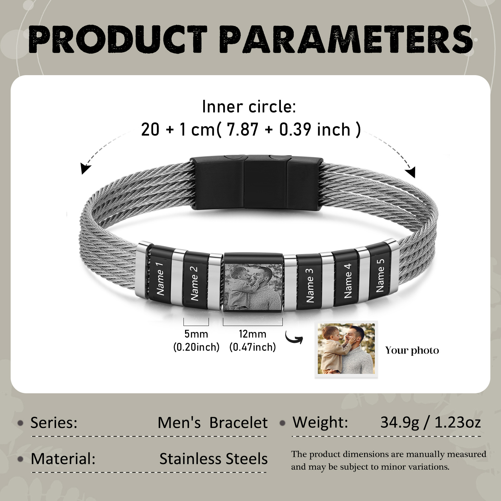 Personalised Men Bracelet with 5 Names & 1 Photo - Custom Gift for Him | Jessemade