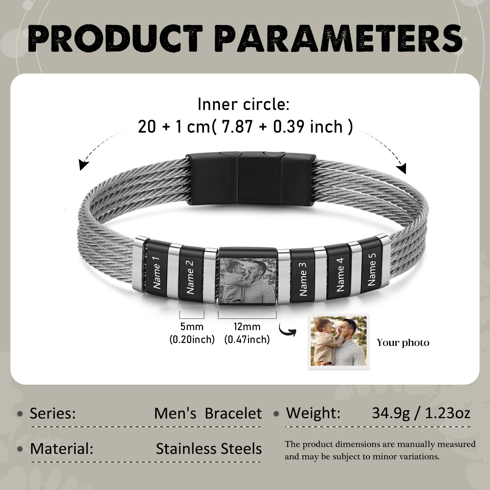 Personalised Men Bracelet with 5 Names & 1 Photo - Custom Gift for Him | Jessemade