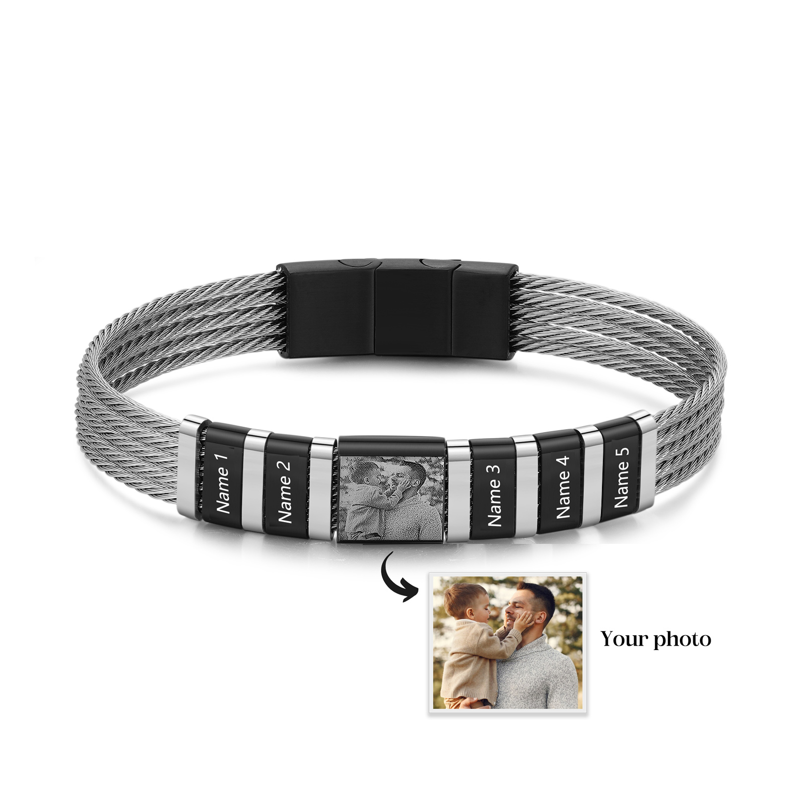 Personalised Men Bracelet with 5 Names & 1 Photo - Custom Gift for Him | Jessemade