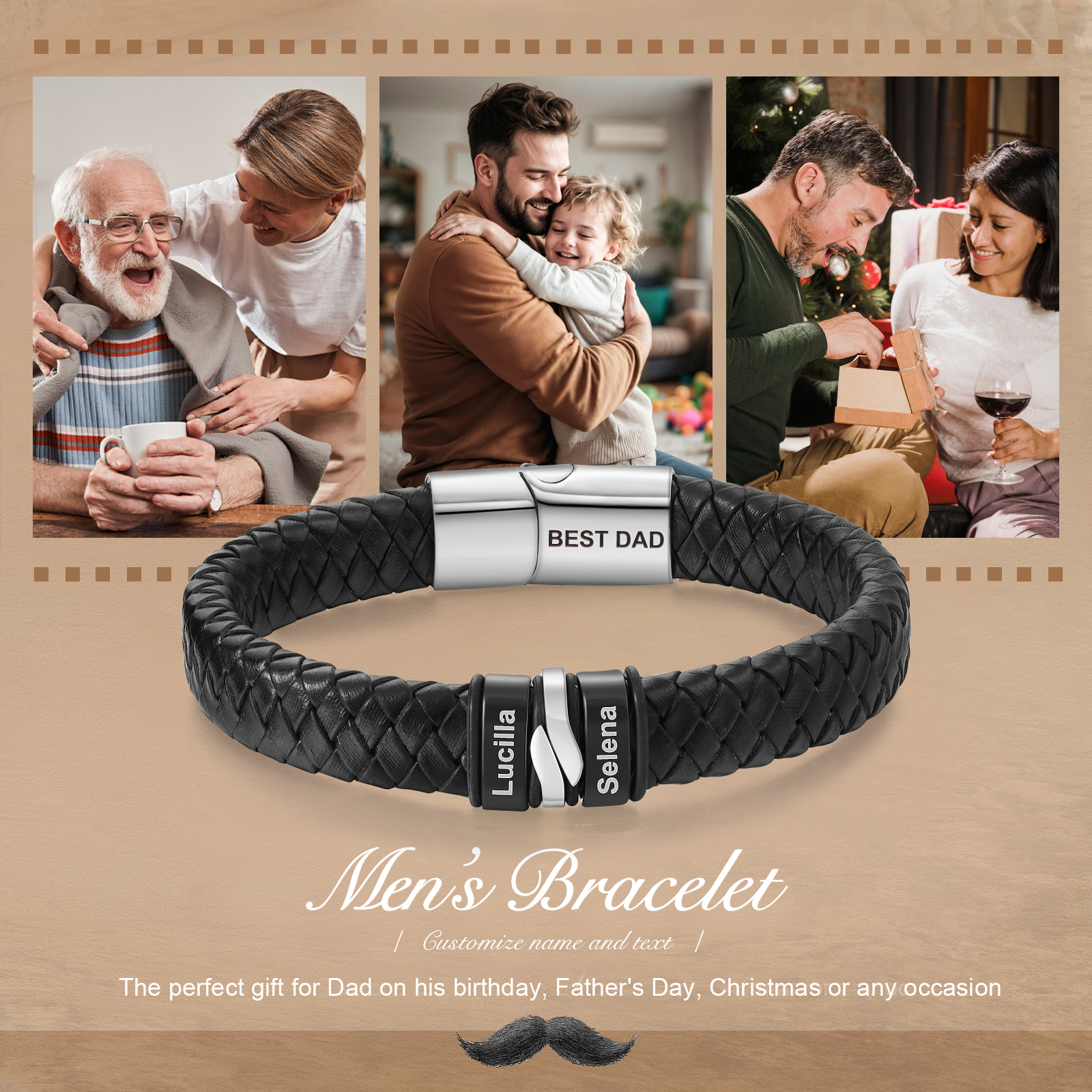 Personalised Leather Men’s Bracelet – Custom Father’s Day Name Keepsake by Jessemade