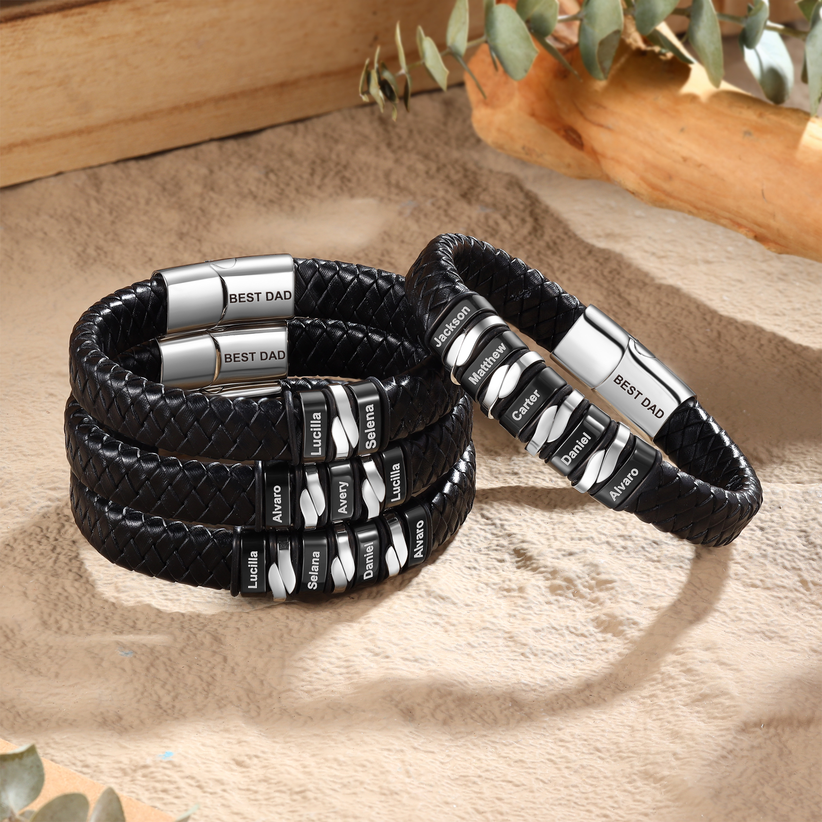 Personalised Leather Men’s Bracelet – Custom Father’s Day 4 Names & 1 Text Keepsake by Jessemade