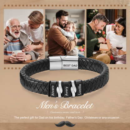 Personalised Leather Men’s Bracelet – Custom Father’s Day 3 Names & 1 Text Keepsake by Jessemade