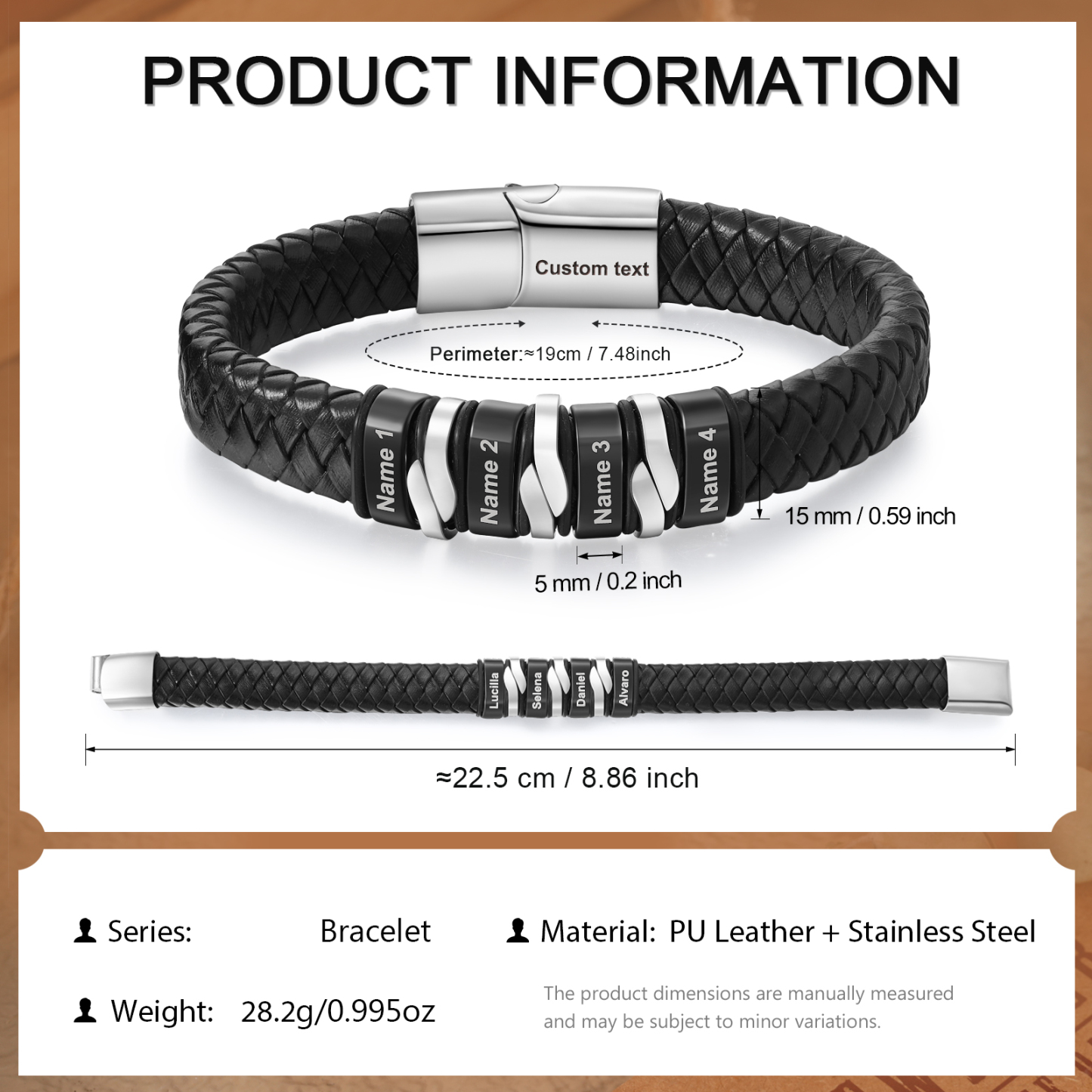 Personalised Leather Men’s Bracelet – Custom Father’s Day 4 Names & 1 Text Keepsake by Jessemade