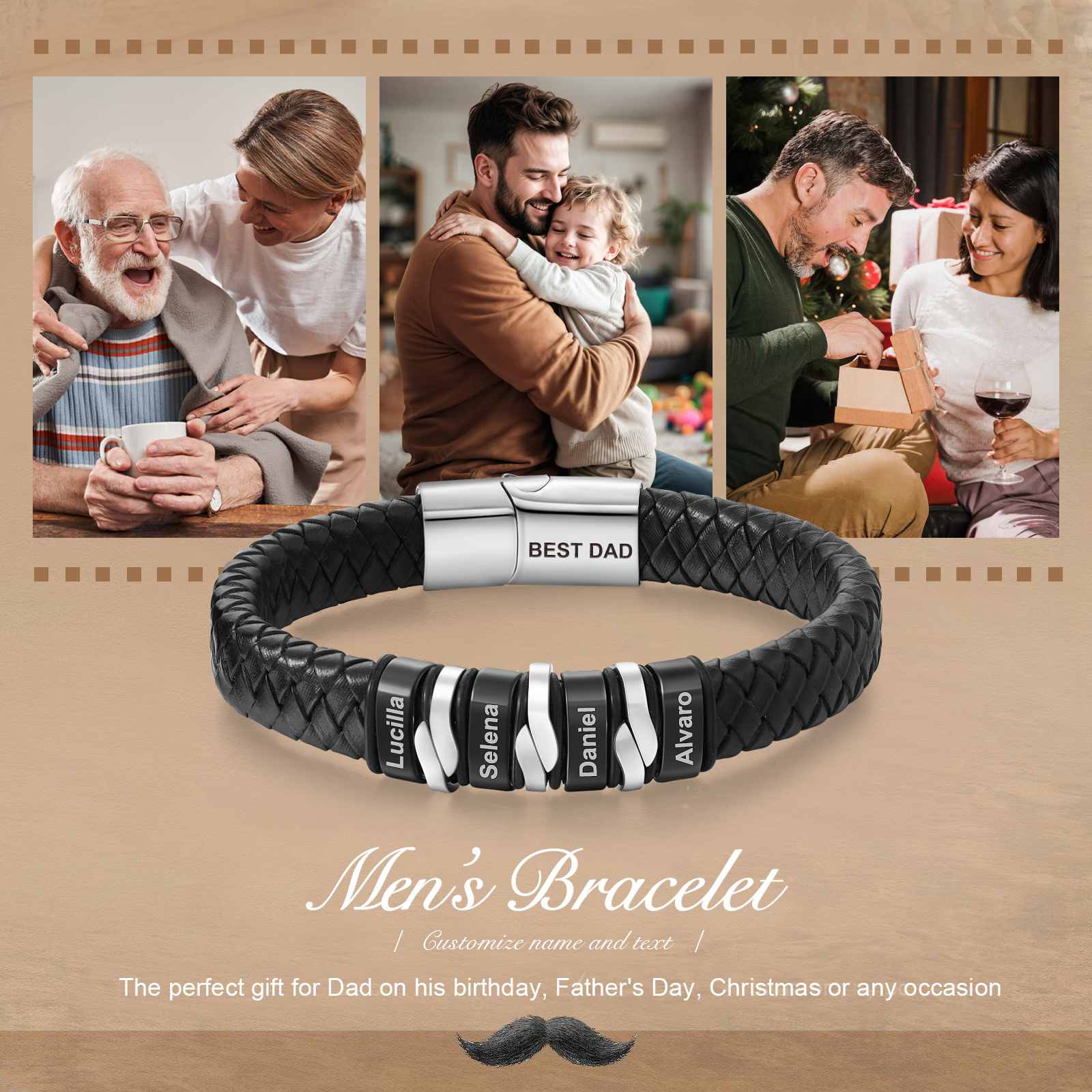 Personalised Leather Men’s Bracelet – Custom Father’s Day 4 Names & 1 Text Keepsake by Jessemade