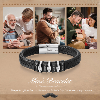 Personalised Leather Men’s Bracelet – Custom Father’s Day 4 Names & 1 Text Keepsake by Jessemade