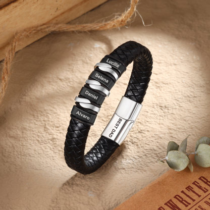 Personalised Leather Men’s Bracelet – Custom Father’s Day 4 Names & 1 Text Keepsake by Jessemade