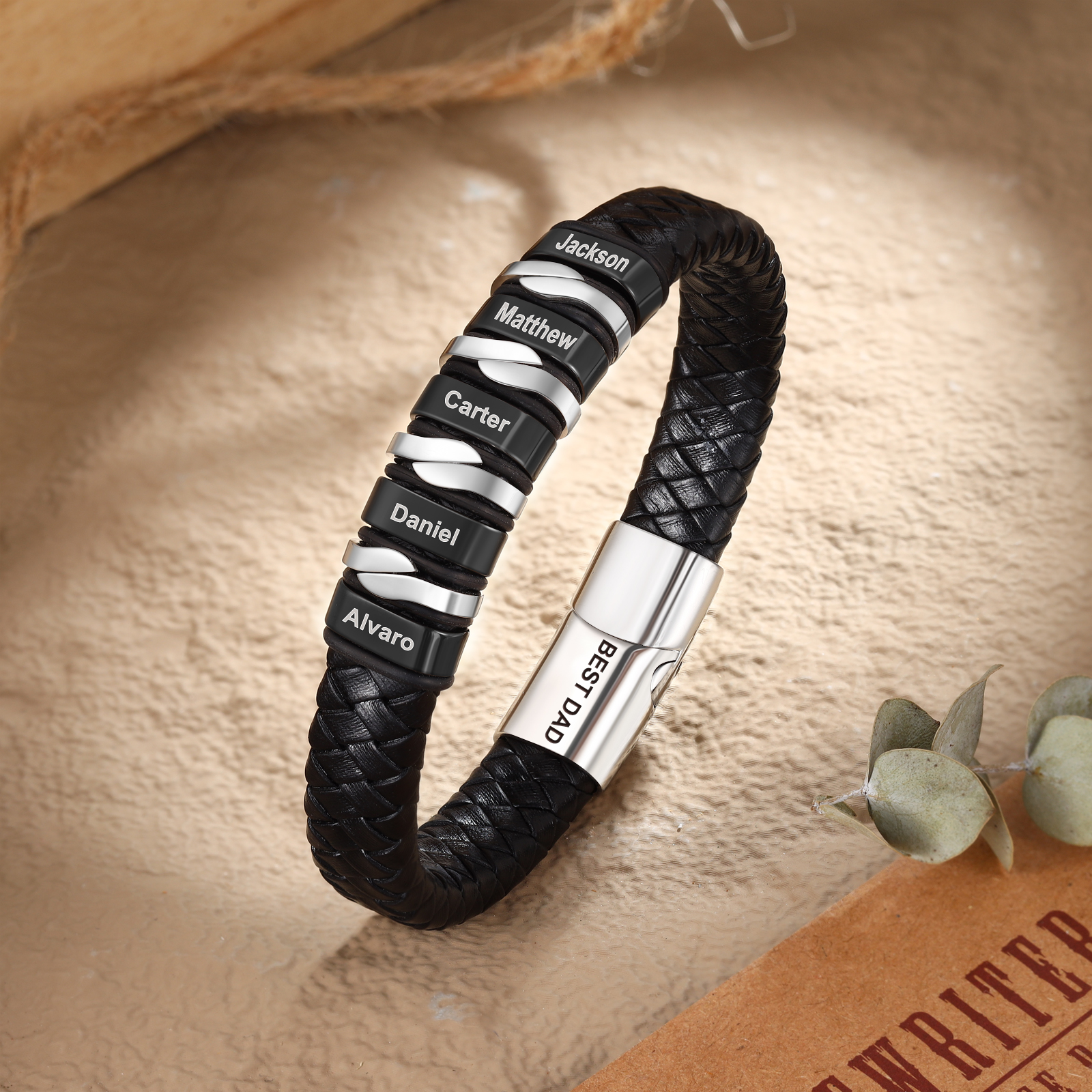 Personalised Leather Men’s Bracelet – Custom Father’s Day 5 Names & 1 Text Keepsake by Jessemade
