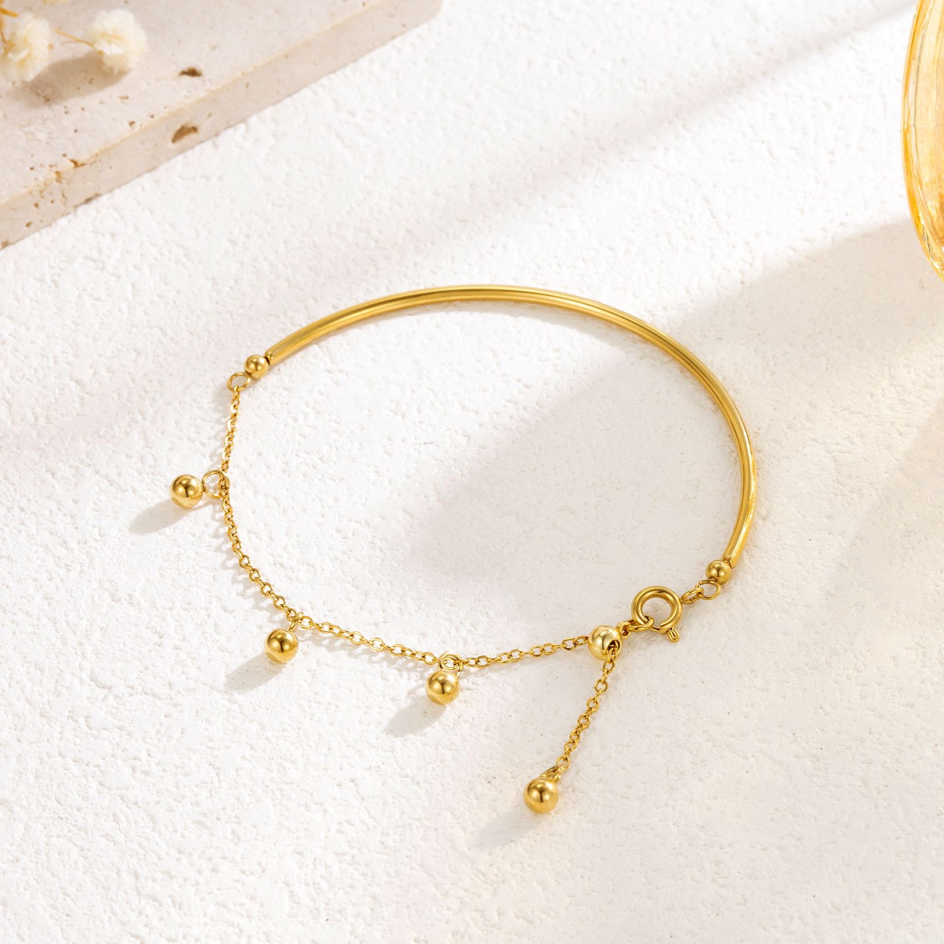 Gold Bangle Bracelet with Dangling Beads – Minimalist Adjustable Chain Bracelet for Women | Jessemade