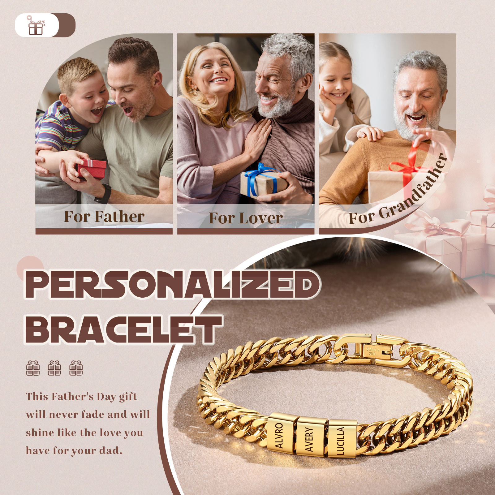 Personalised Men's Bracelet for Dad –  Engraved 2-6 Names, Cuban Link Bracelet Gift with Card and Box | Jessemade