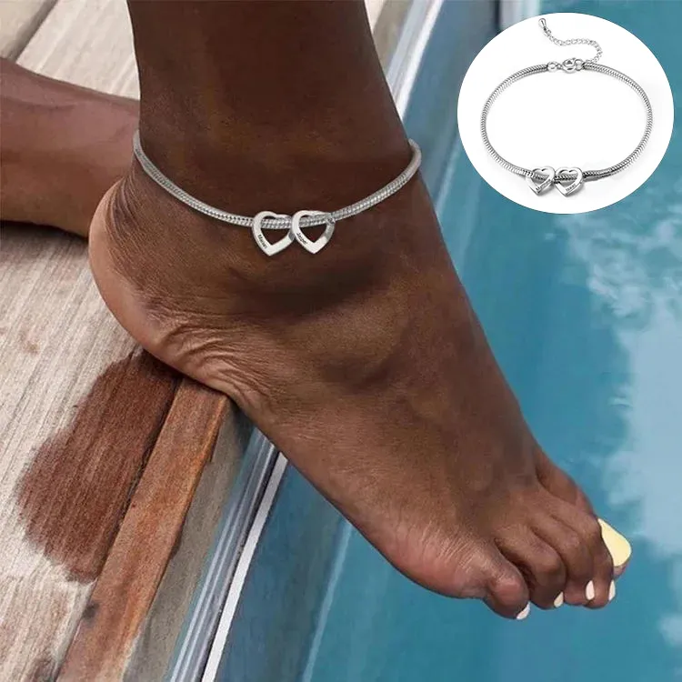 Jessemade Adjustable Personalised Ankle Bracelets for Women Silver 2 Love Heart Charms For Her.