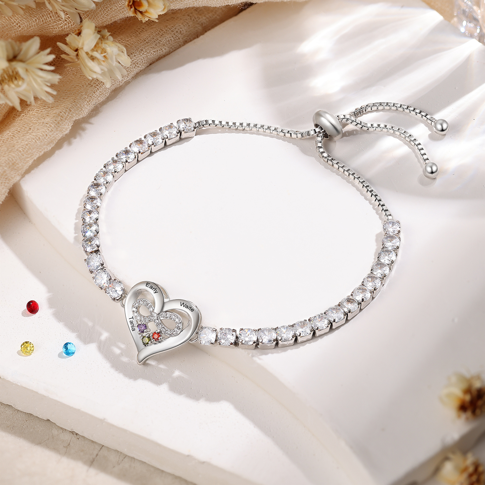 Personalised Birthstone Heart Tennis Infinity Loop Bracelet