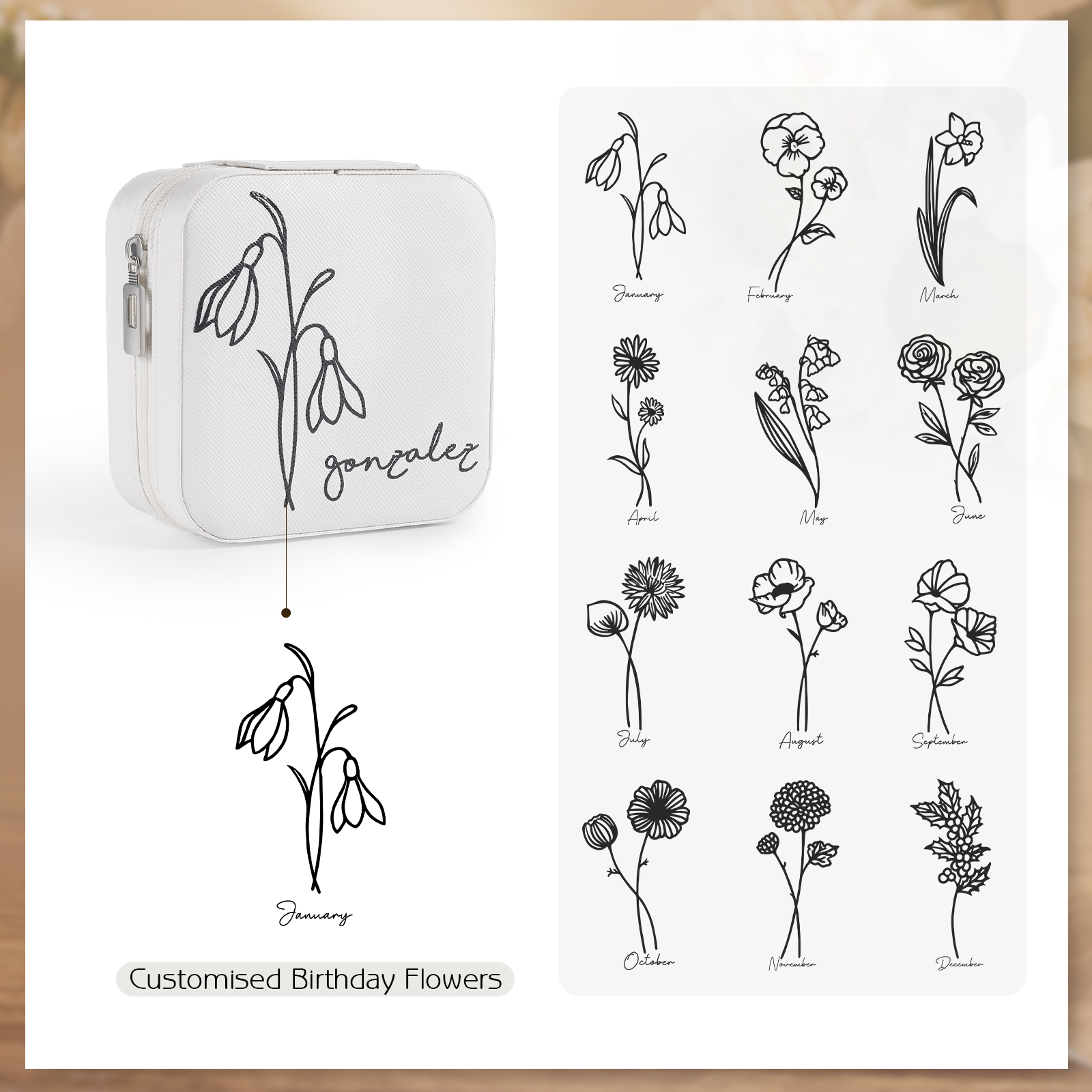 Custom Name Jewelry Gift Box with Birth Flower Personalised Travel Jewelry Box