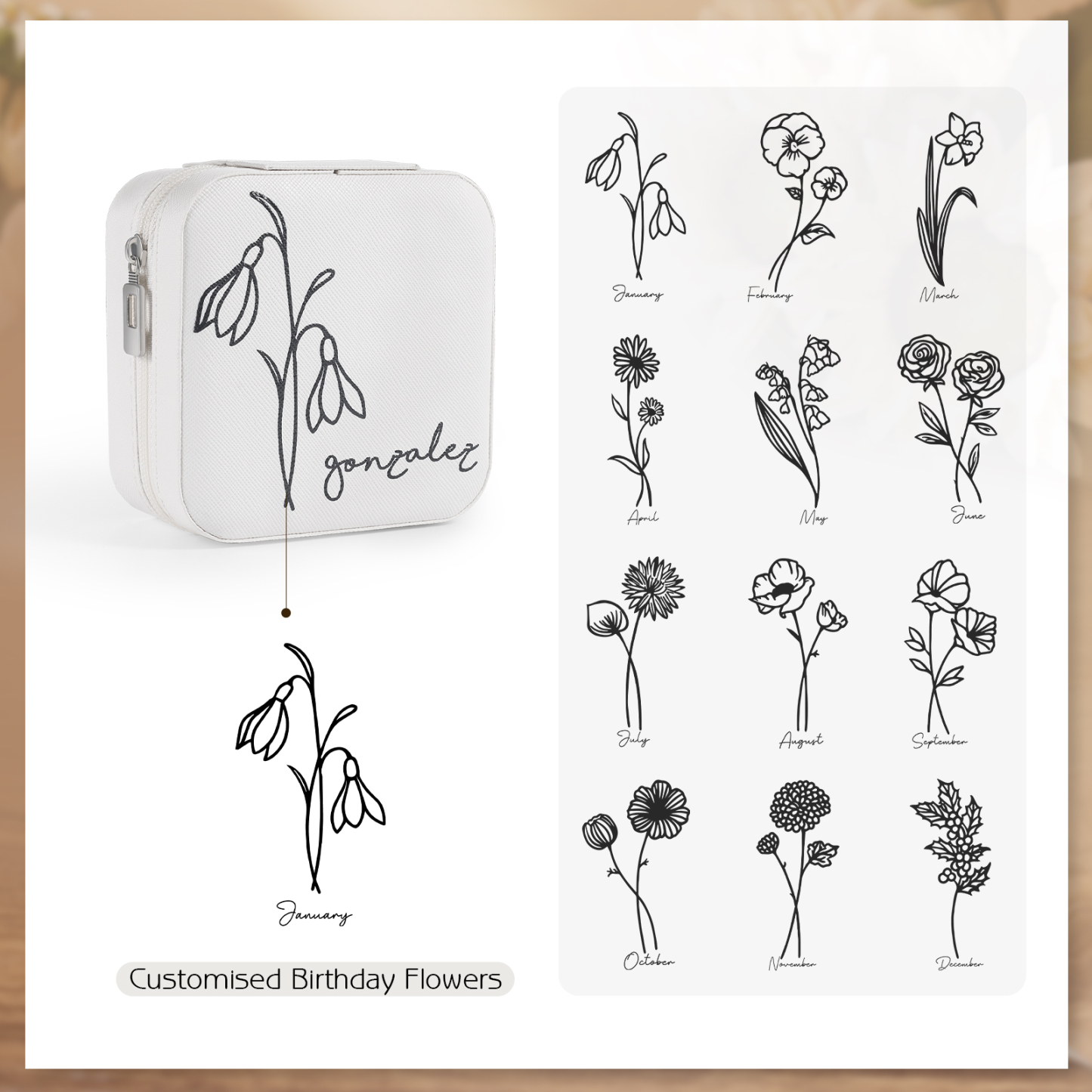 Custom Name Jewelry Gift Box with Birth Flower Personalised Travel Jewelry Box