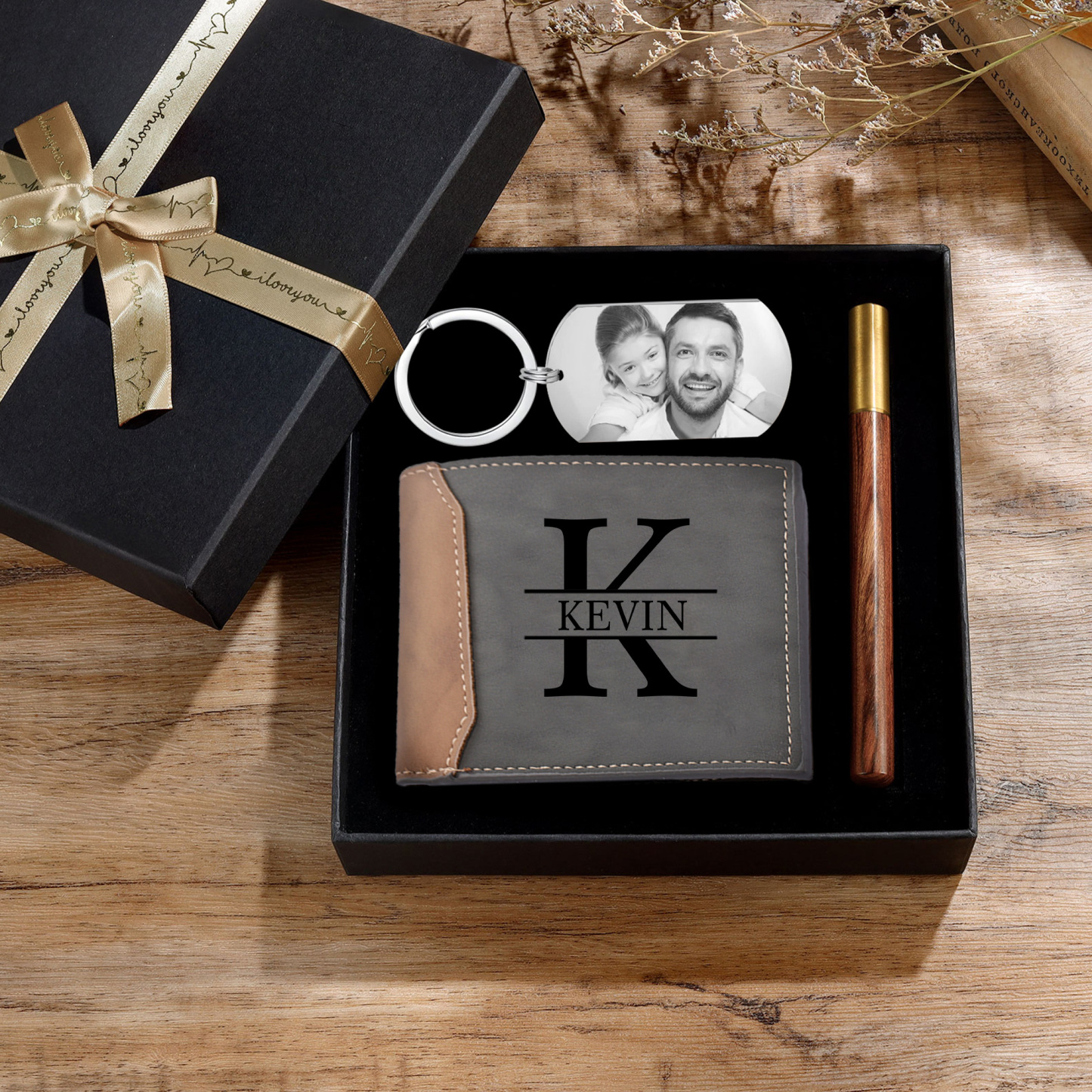 Personalised 2 Texts & 1 Photo & 1 Name & 1 Letter Gift Set Custom Wallet & Keychain & Pen Gift Box Set Father’s Day Gift for Him