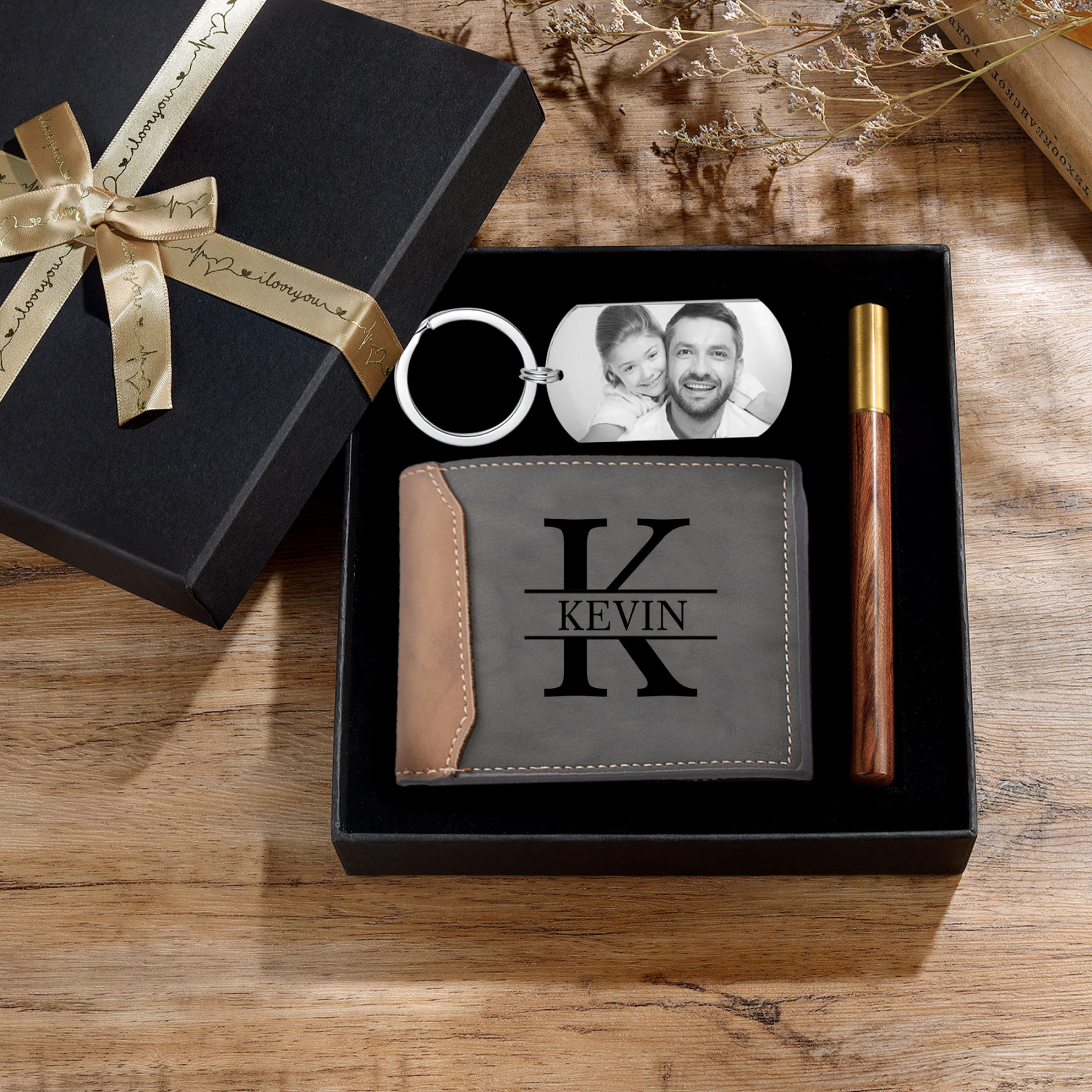 Personalised 2 Texts & 1 Photo & 1 Name & 1 Letter Gift Set Custom Wallet & Keychain & Pen Gift Box Set Father’s Day Gift for Him
