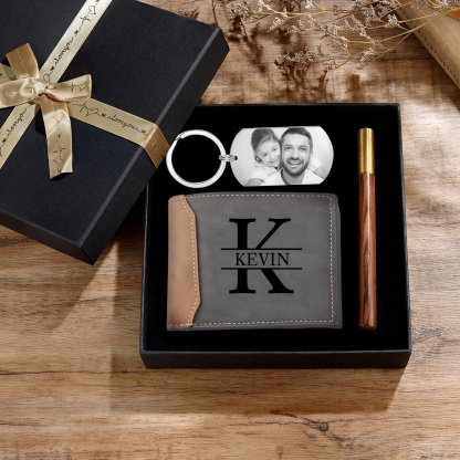 Personalised 2 Texts & 1 Photo & 1 Name & 1 Letter Gift Set Custom Wallet & Keychain & Pen Gift Box Set Father’s Day Gift for Him