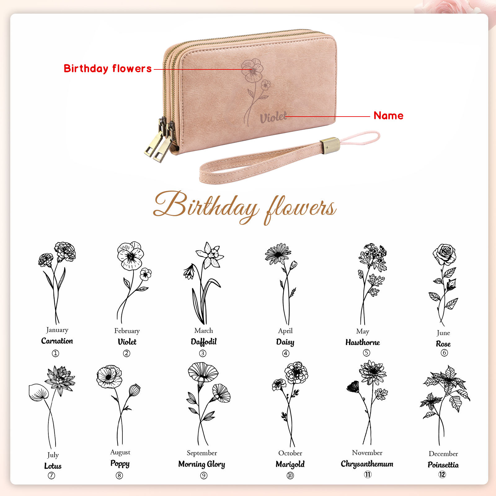 Personalised women's double-zip wallet with birth flower, large capacity