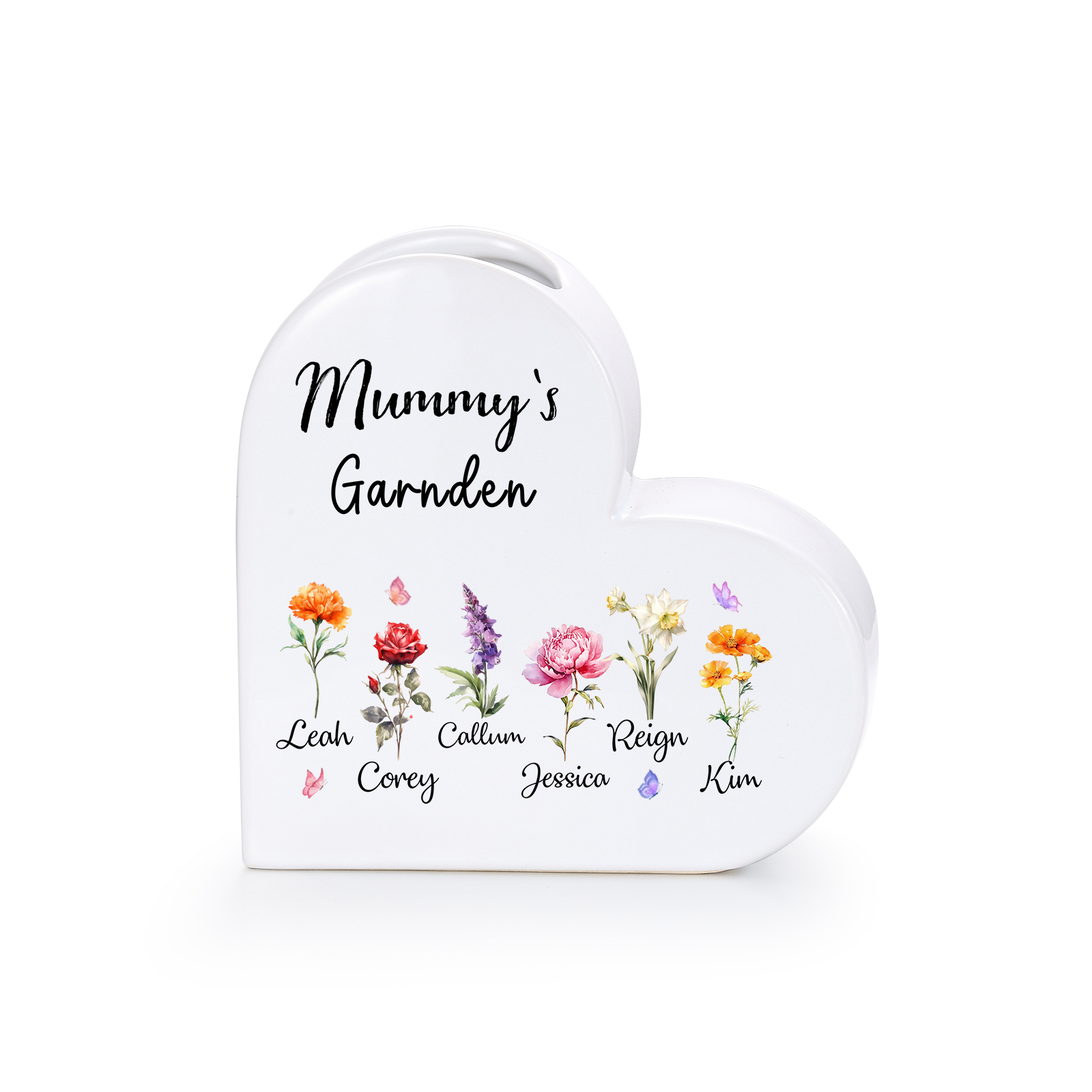 Personalised Ceramic Heart Vase with 1 to 12 Birth Flowers and Children’s Names