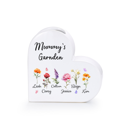 Personalised Ceramic Heart Vase with 1 to 12 Birth Flowers and Children’s Names