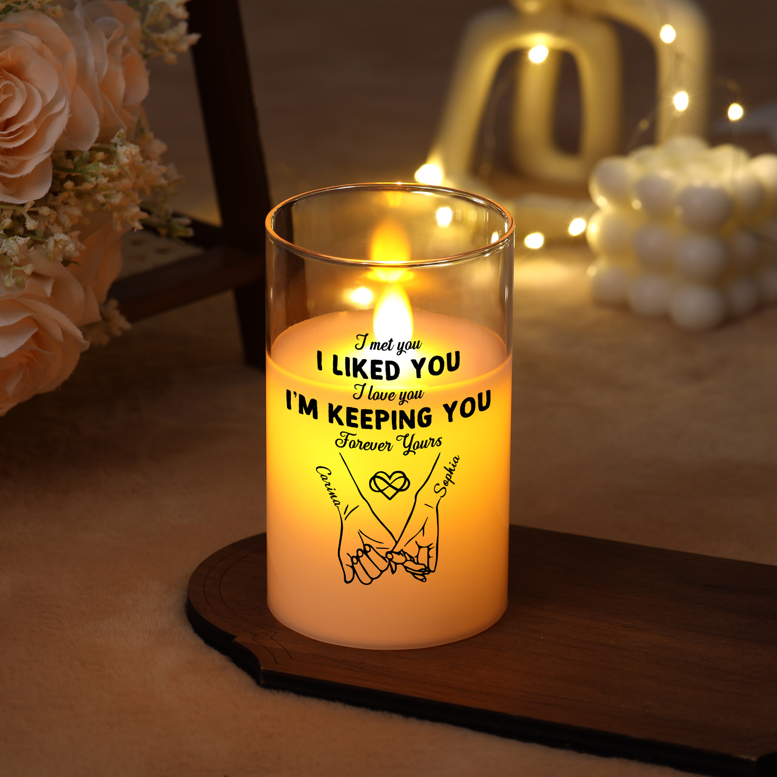 Personalised LED Candle with Names on the Glass – Romantic Gift for a Couple