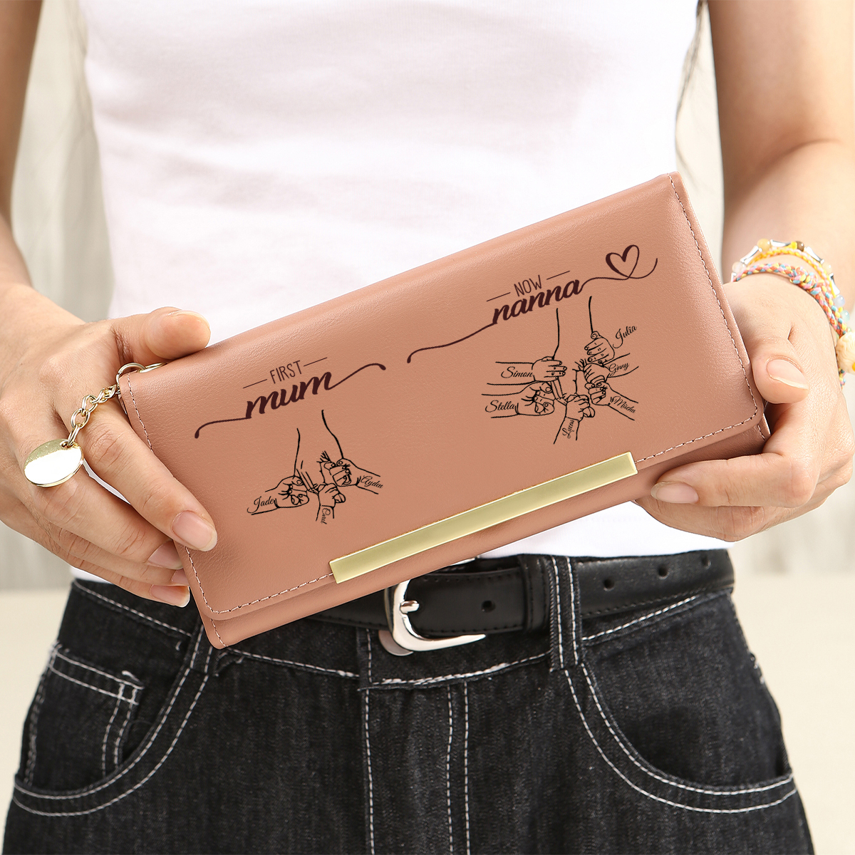 Personalised Holding hands Engraved Pink PU Wallet for Mum/Nan/Nanna/Nana/Grandma