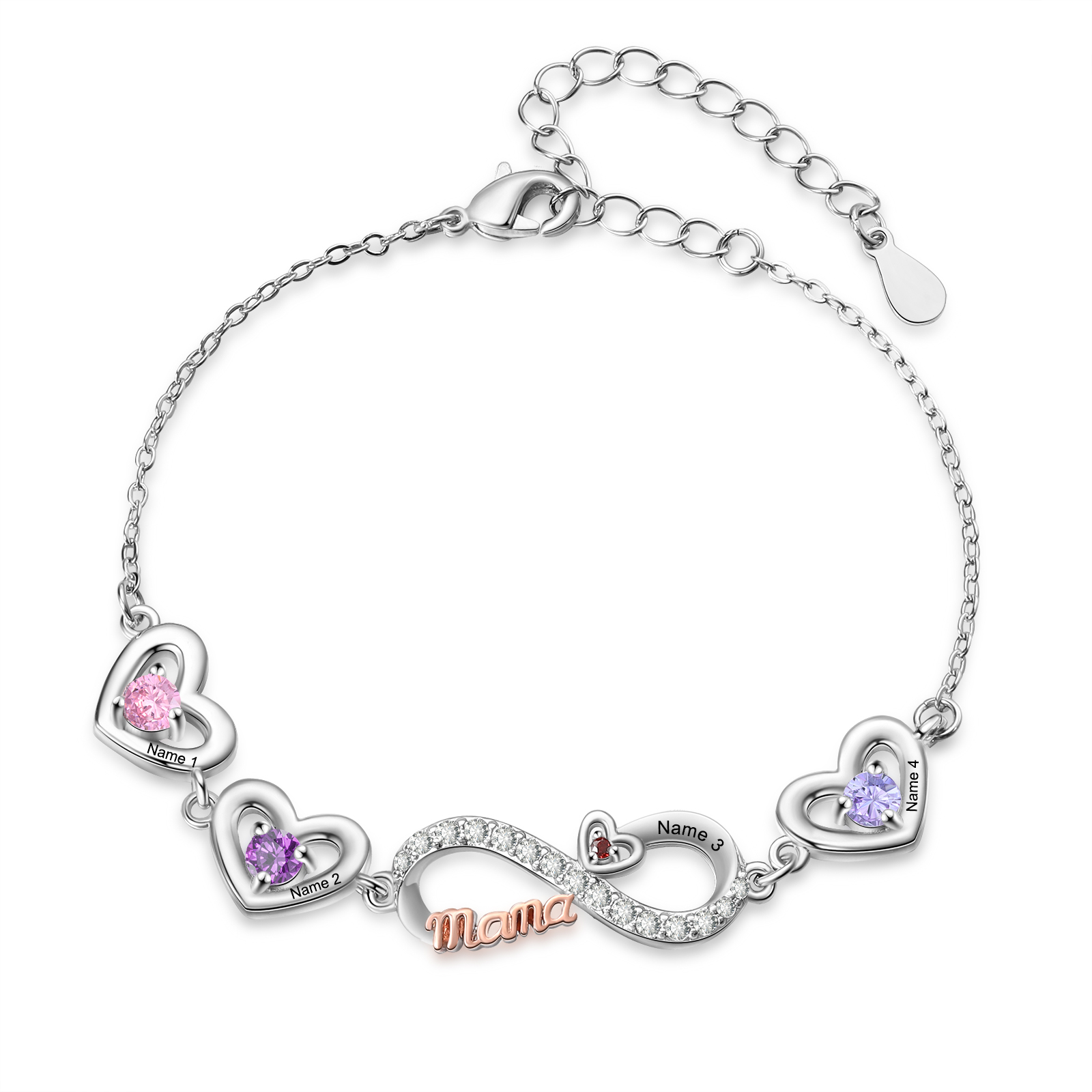 Personalised 2-6 Names Infinity Mum Heart Birthstone Bracelet