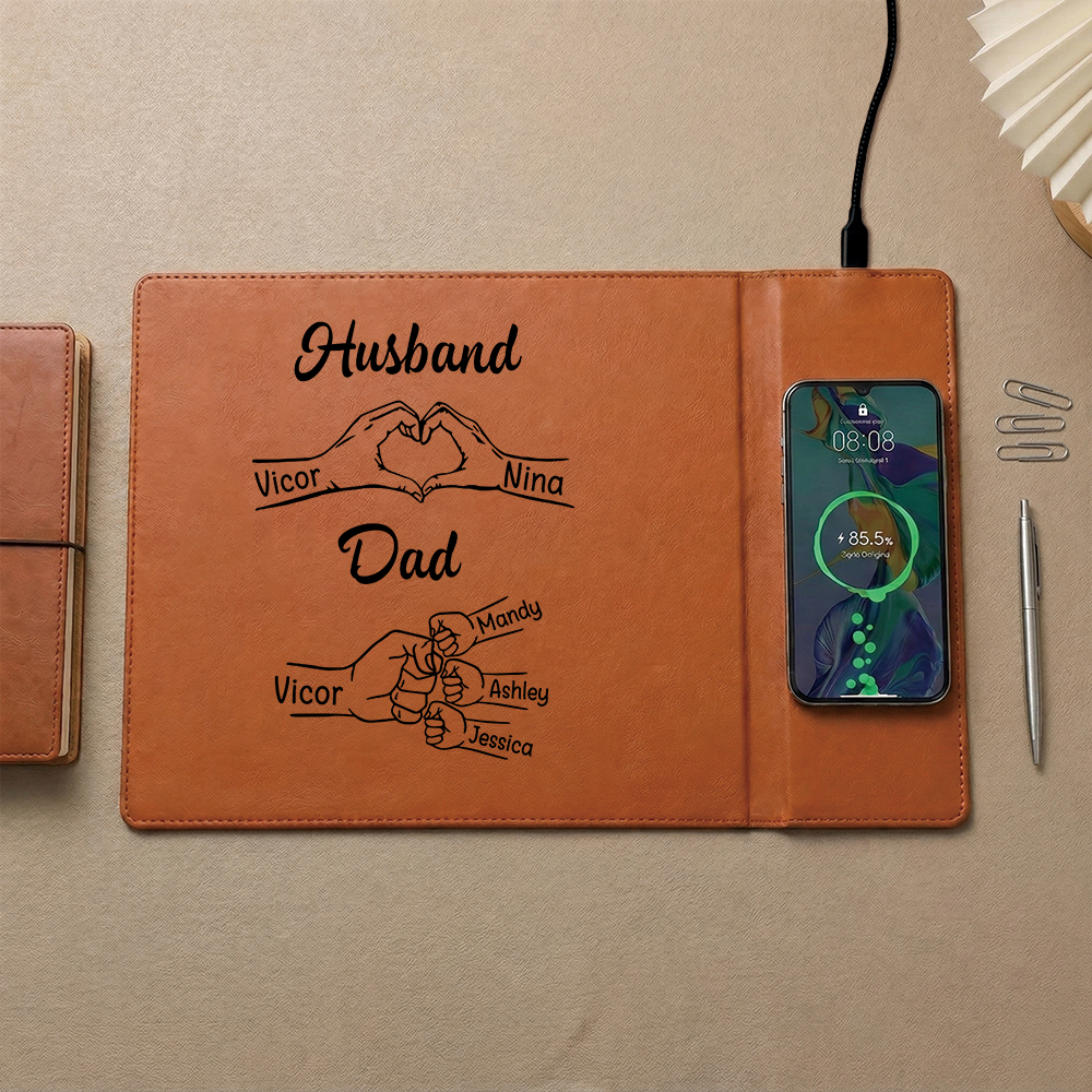 Personalised leather desk mat with wireless charging function, personalised with 1 to 8 names and fist motif, Father’s Day gift for dad, husband, grandad | Jessemade