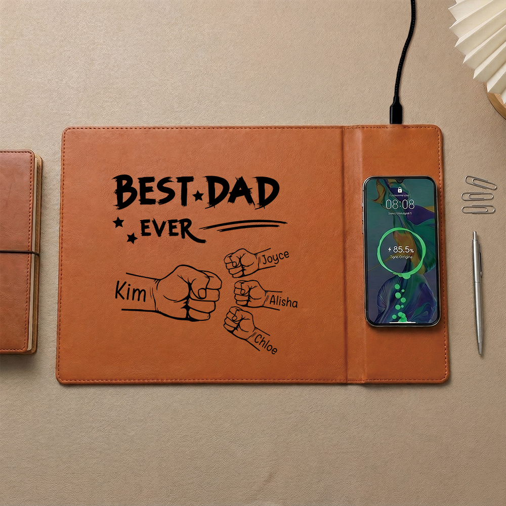 Personalised Leather Desk Mat with Wireless Charging Function Featuring 1 to 6 Names and Fist Motif