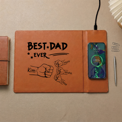 Personalised leather desk mat with wireless charging function featuring 1 to 6 names and a fist motif, Father’s Day or birthday gift for Dad and Grandad | Jessemade