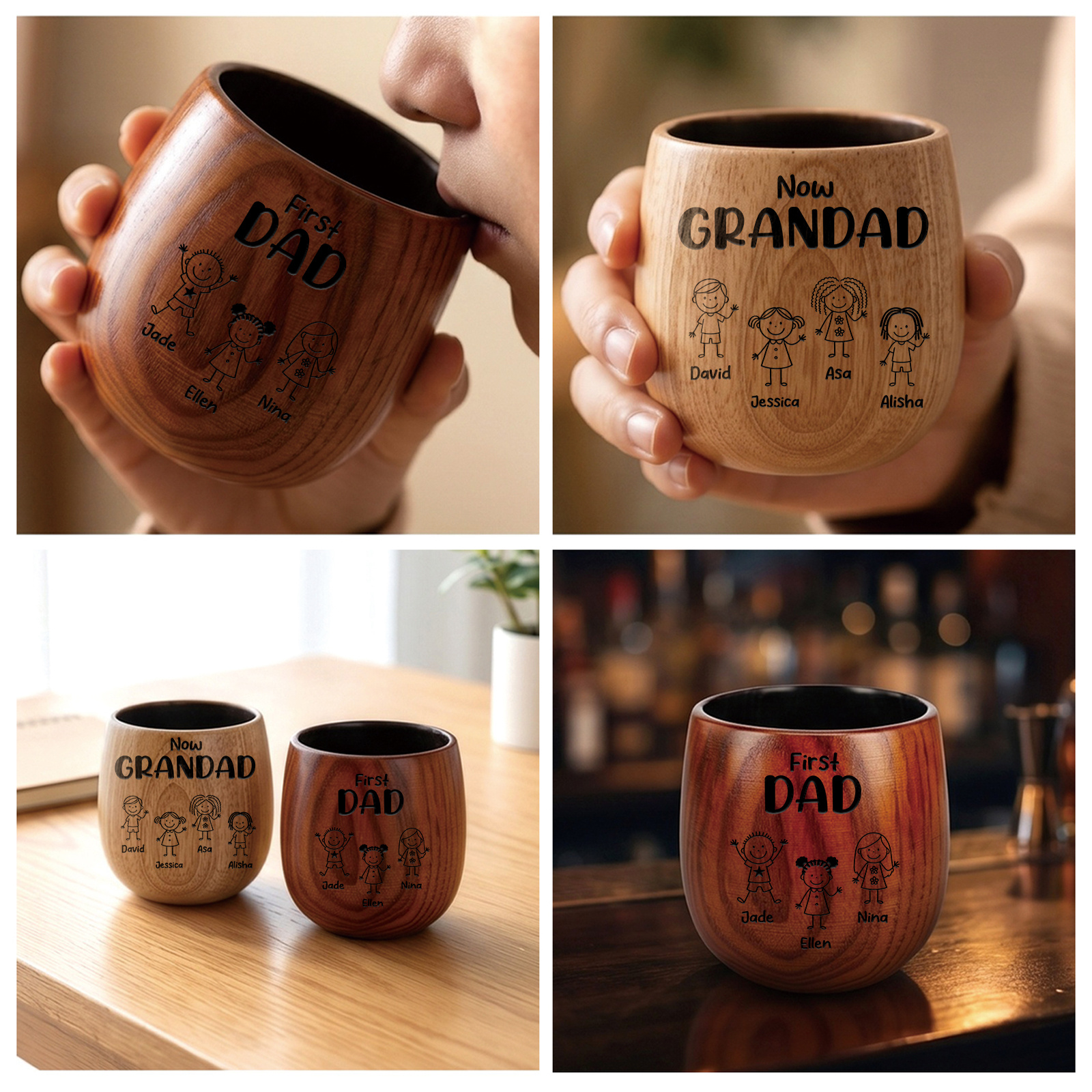 Personalised Wooden Whisky Tumbler for Dad or Grandad – 2 to 16 Children and Names