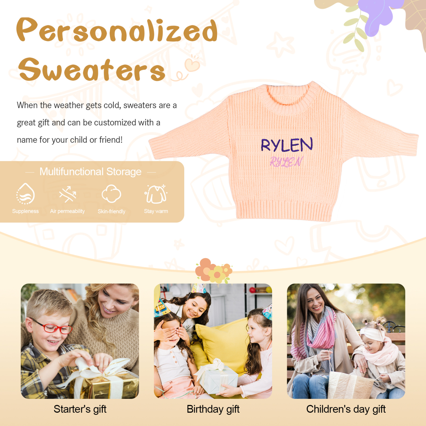 Personalised Kids Sweater Custom Knit Sweater with 1 Name Hand Embroidered Oversized Sweater Chunky Knit Name Jumper Newborn Baby Toddler Kids gift